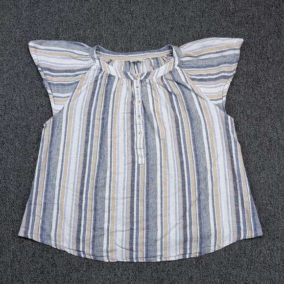 Yarn & Sea Coastal Linen Blend Striped Henley Flutter Sleeve Top XL Blue Tan — photo 2
